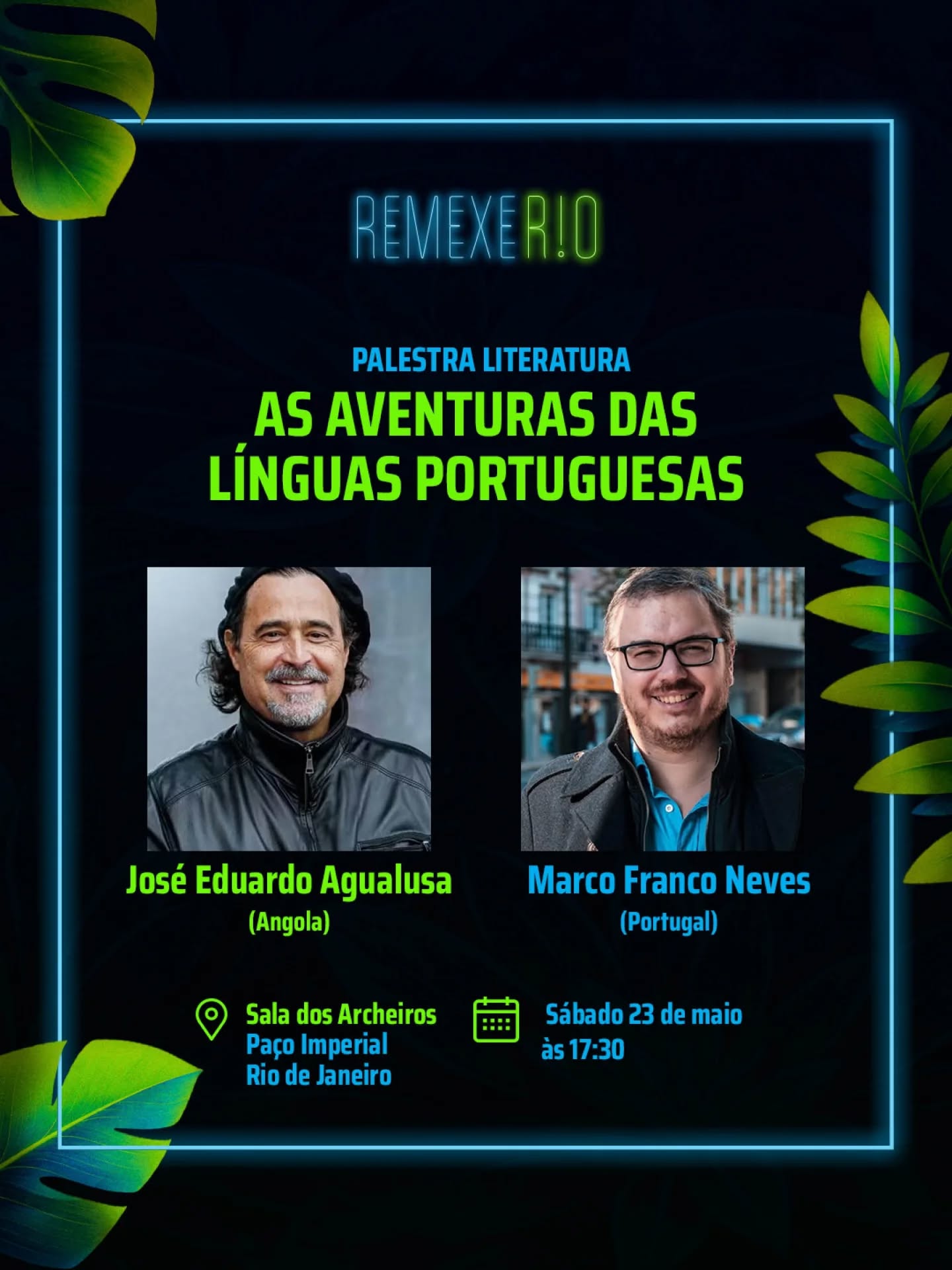 Marco Neves numa conversa com José Eduardo Agualusa no Rio de Janeiro